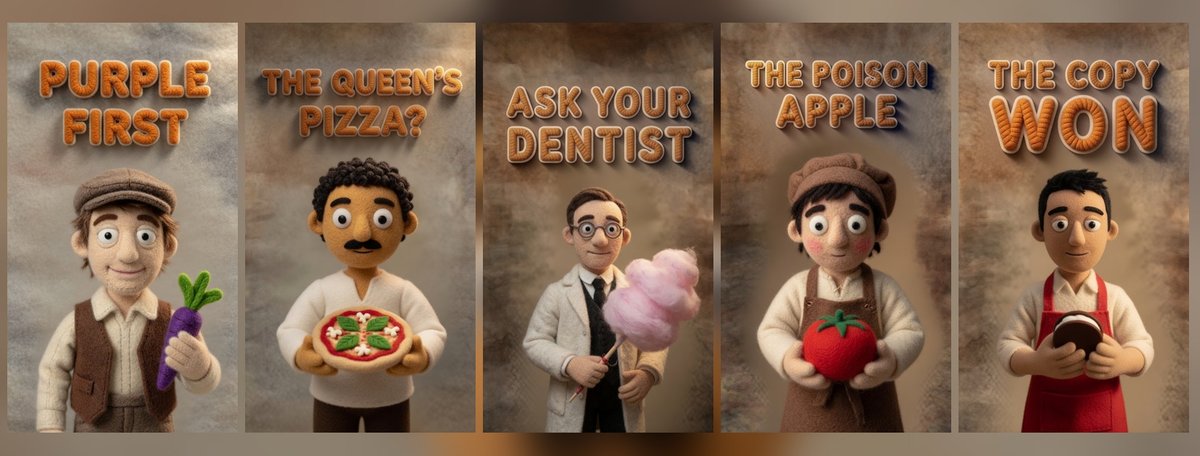 Five felt characters from the show, each holding their food: a purple carrot, a pizza, candy floss, a tomato and a cookie