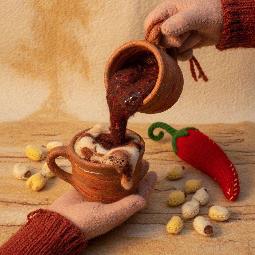 Felt hands pouring a dark foamy chocolate drink between two cups