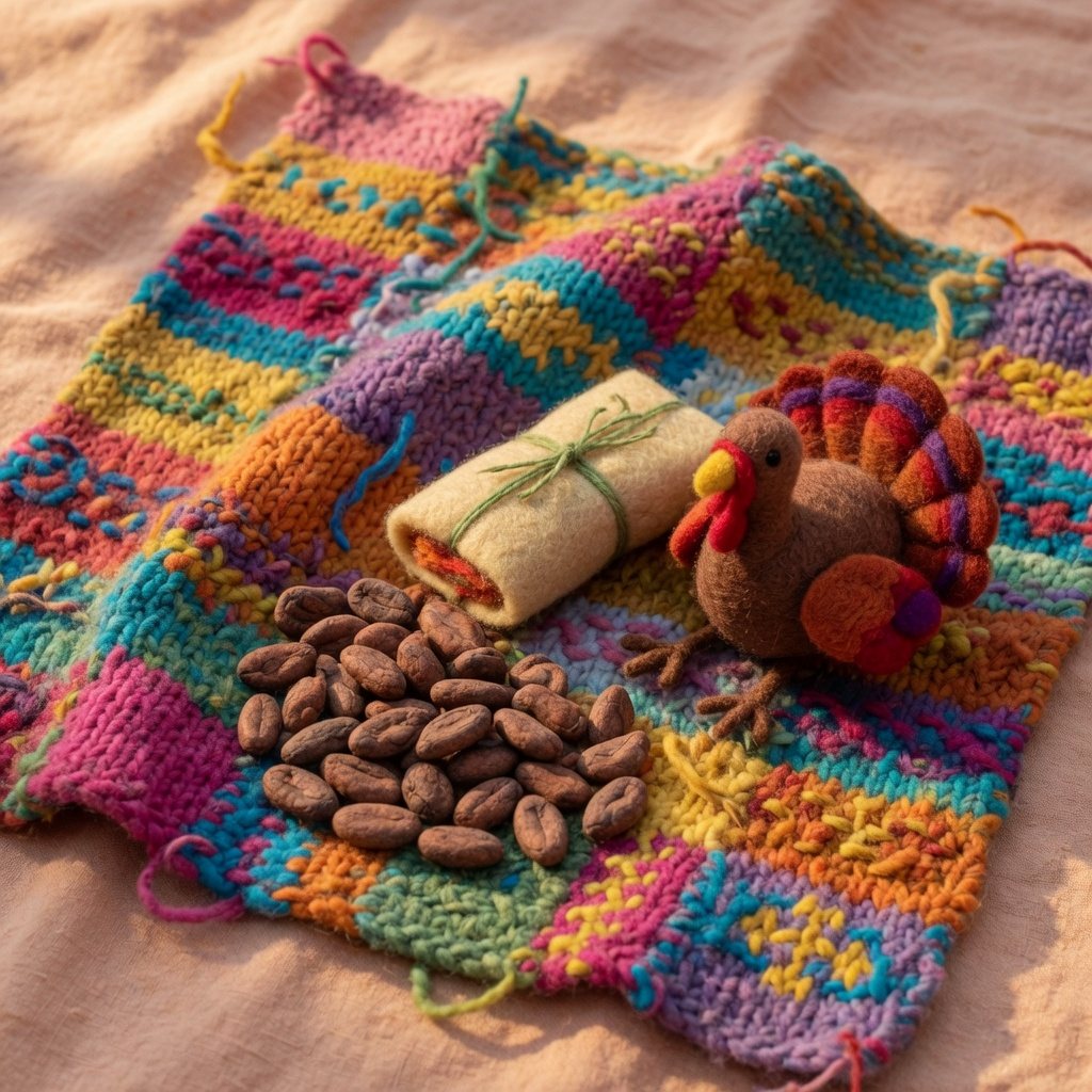 Cacao beans, a tamale and a small wool turkey on a market cloth