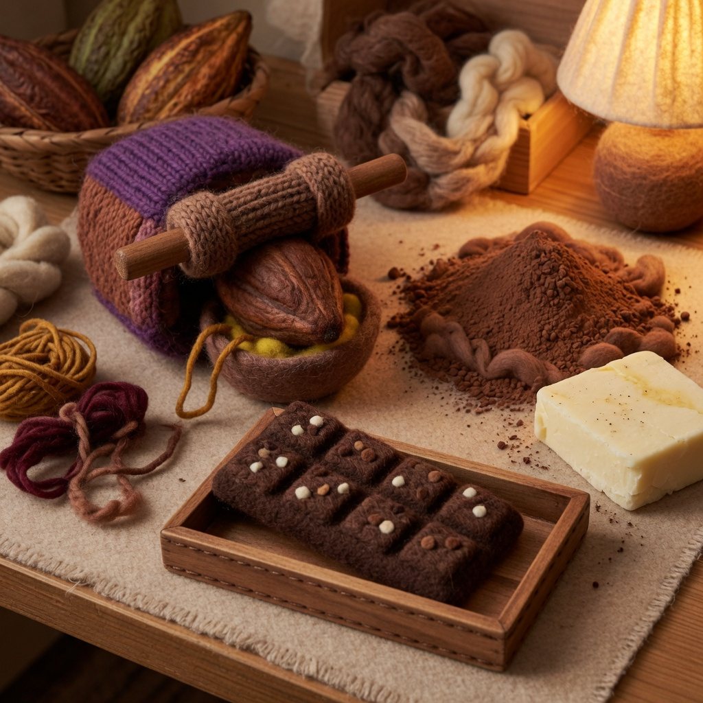 A felt press, cocoa powder, cocoa butter and a moulded chocolate bar
