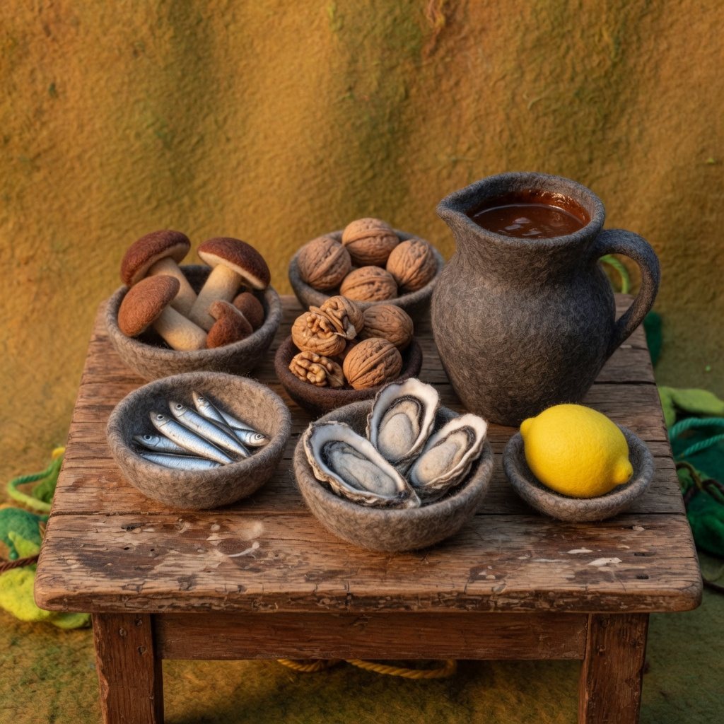 Felt bowls of mushrooms, walnuts, anchovies, oysters and lemon beside a jug of dark sauce