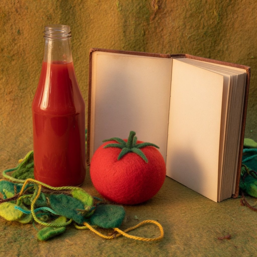 A red wool tomato, a bottle of ketchup and a blank open book