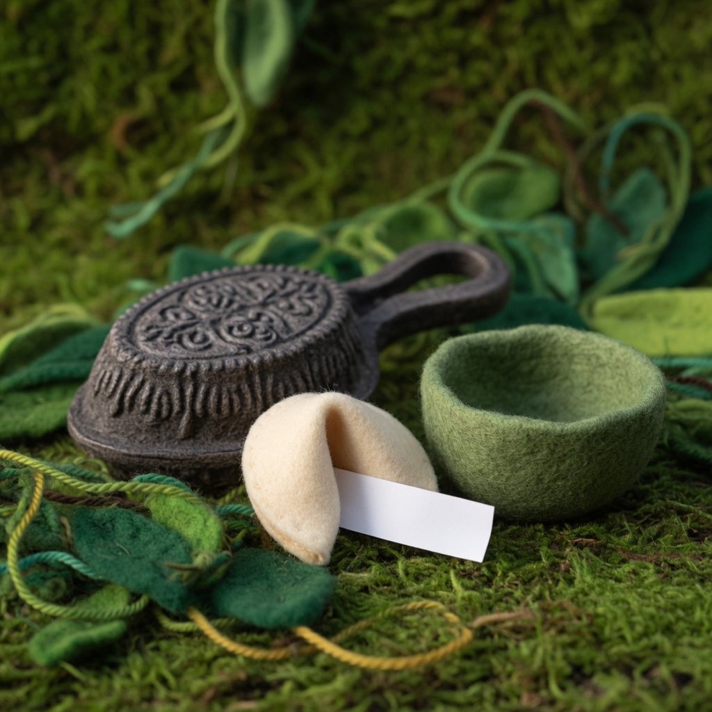 An iron mould, a pale fortune cookie and a bowl of green tea on moss