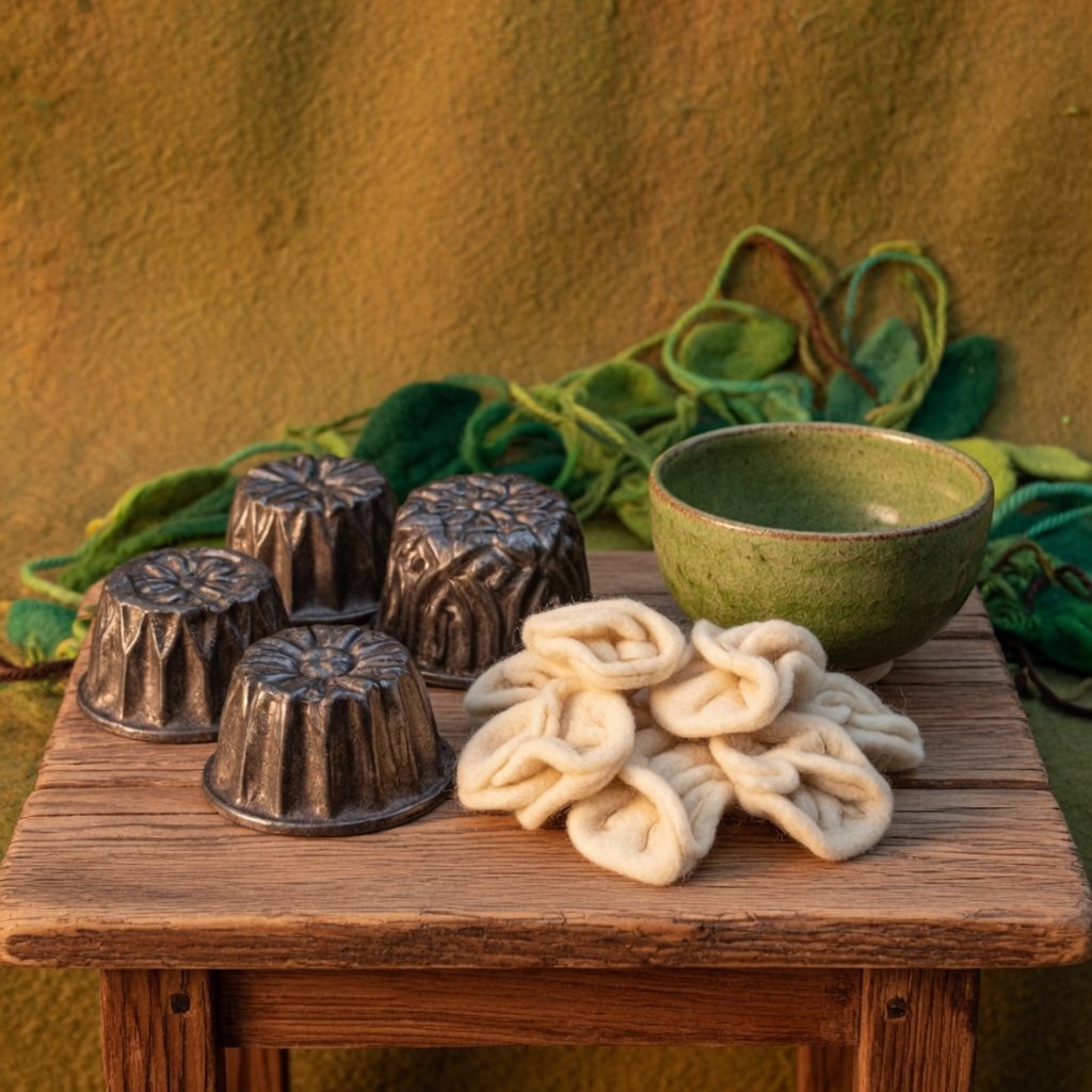 Iron cookie moulds and a pile of pale folded cookies beside green tea