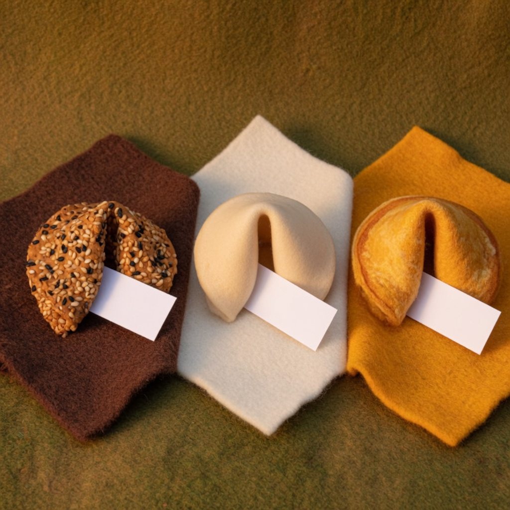 Three different folded cookies on three cloths, each with a blank slip