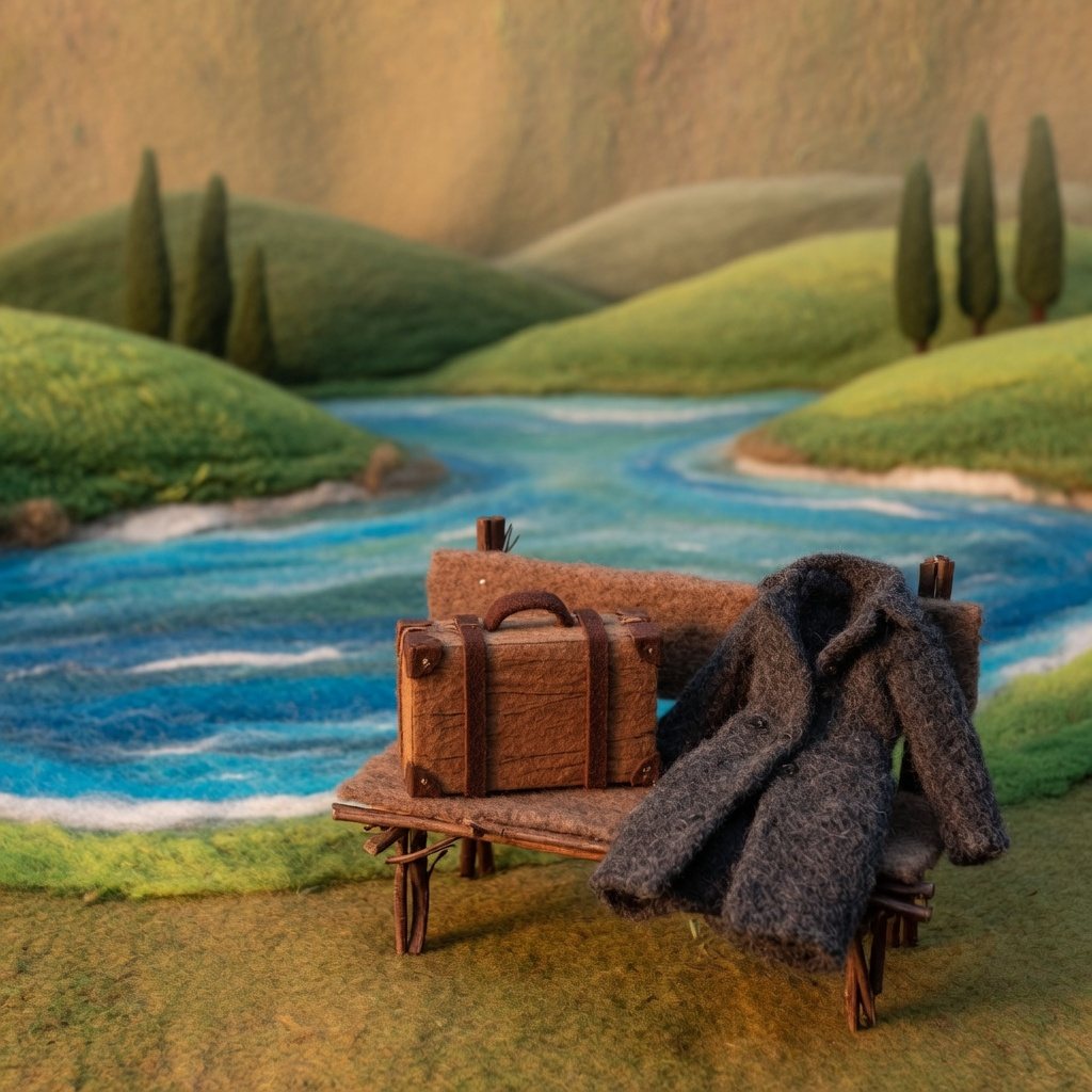 A wool suitcase and coat on a bench beside an Italian lake