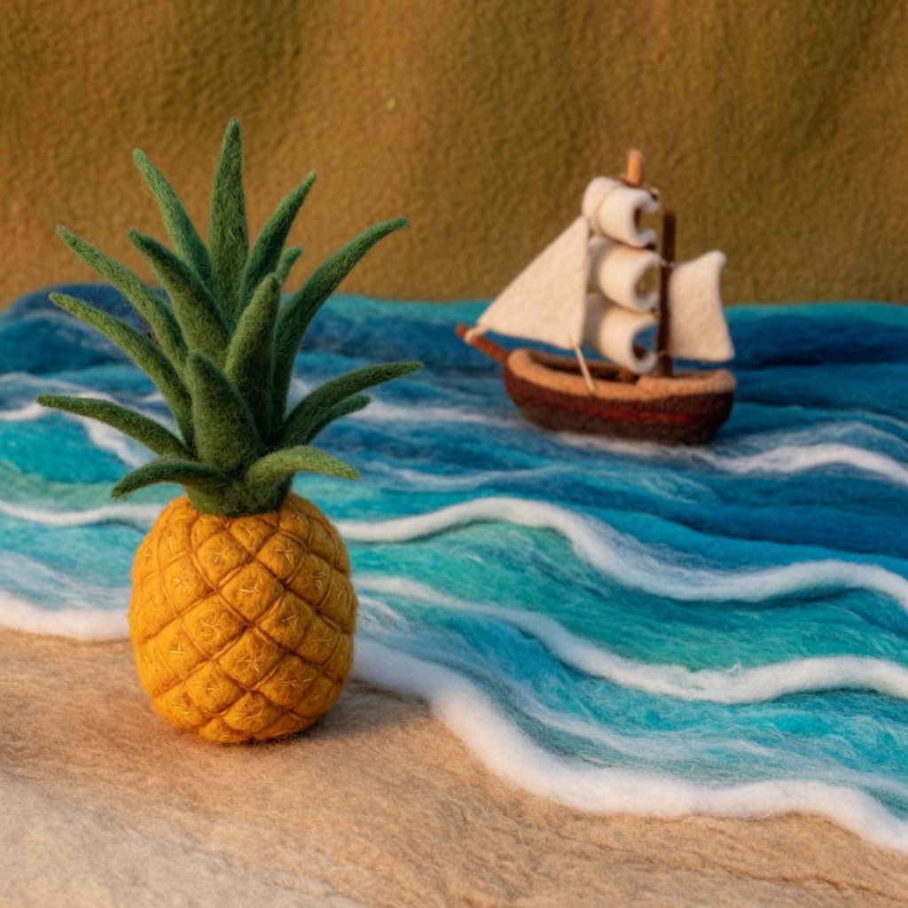 A felt pineapple on a sandy shore with a small wool sailing ship