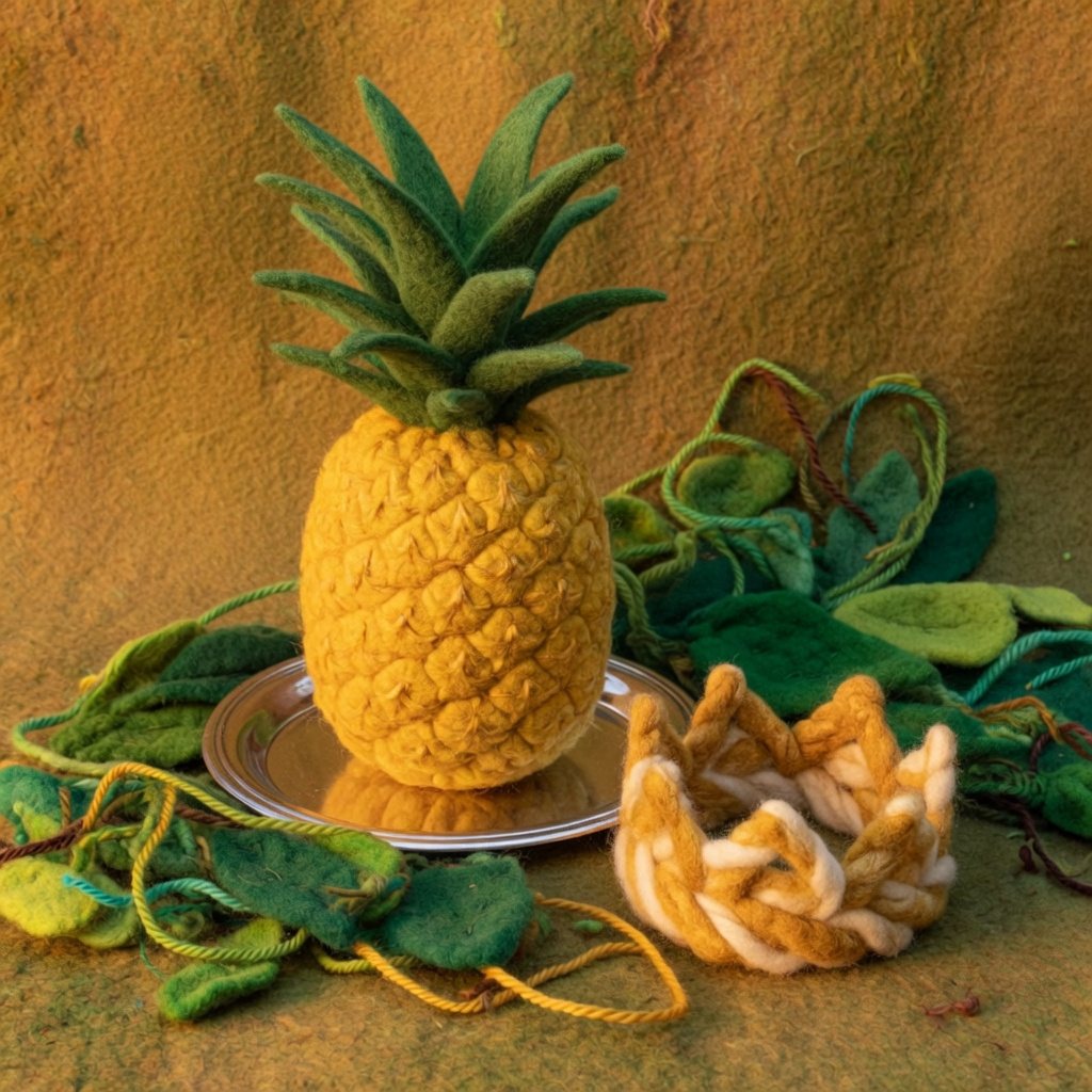 A felt pineapple on a silver tray beside a knitted crown