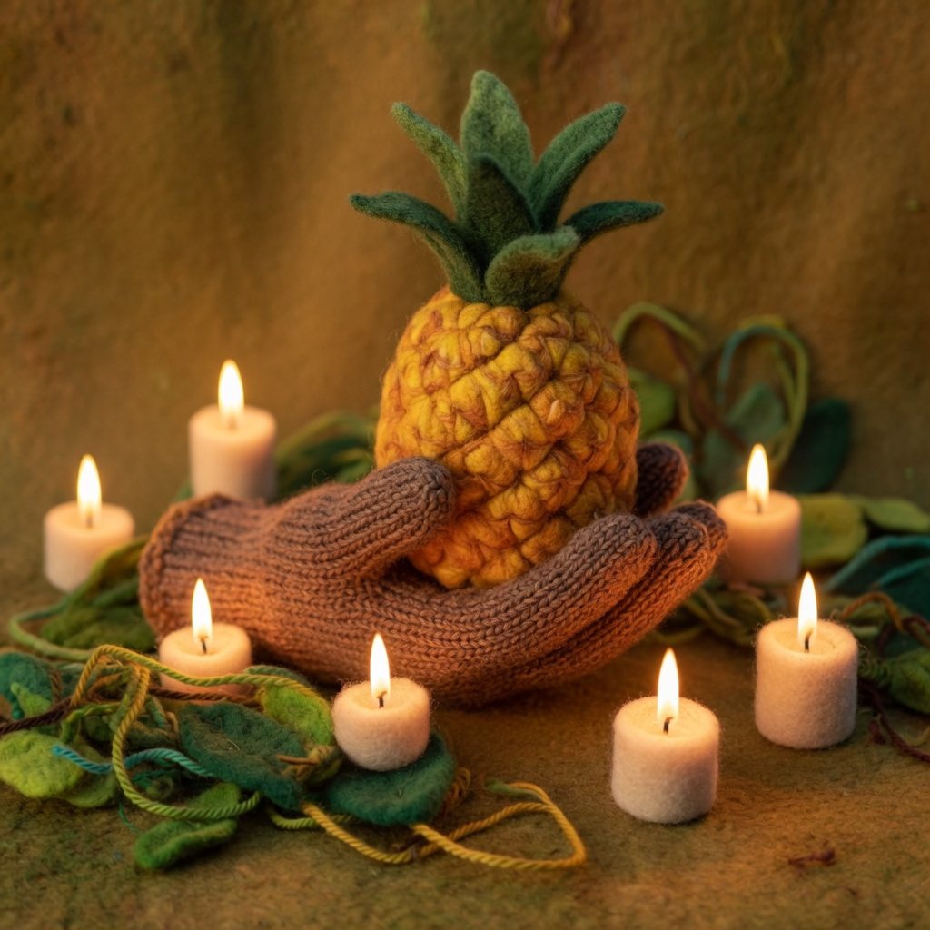 A knitted glove holding a pineapple among party candles