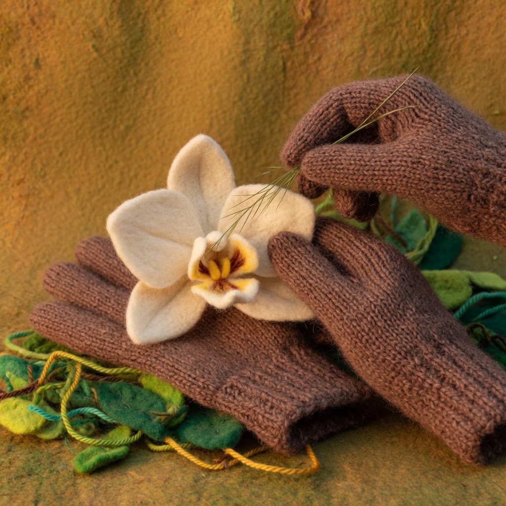 Knitted gloves lifting a vanilla flower with a blade of grass