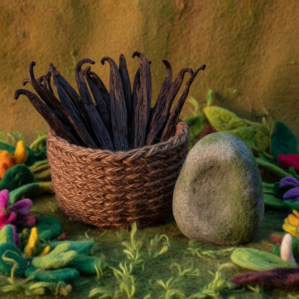 A basket of cured vanilla pods beside a plain stone marker
